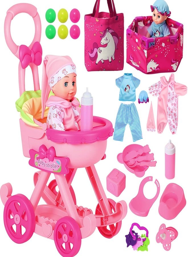 HUITEM Baby Doll Stroller Toys Set, 17 PCS Baby Doll Accessories Stroller Toys with Baby Dolls,2 Sets Doll Clothes, Playpen, Handbag, Feeding Nursery Pretend Play Gifts for Girls Toddlers 3 4 5 - Image 1